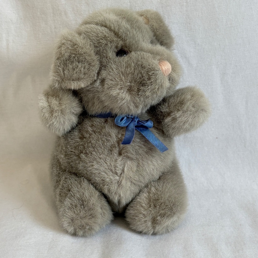 Vintage 1989 Dakin Sweet Inspirations Grey Plush Dog Blue Ribbon Korea Retro Toy